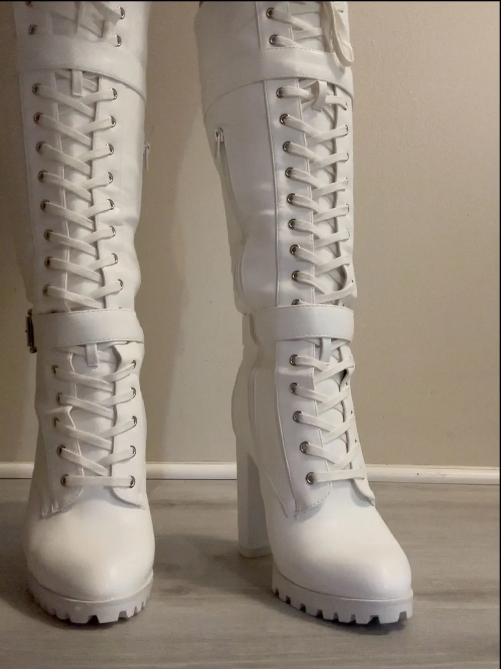 White Lace-Up Knee High Block Heel Boots - Women's